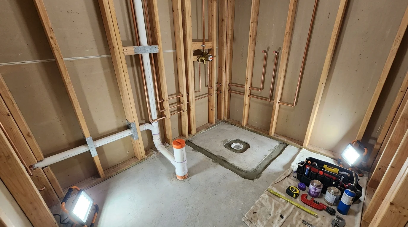 Bathroom rough-in plumbing during remodel by Johns Plumbing LLC in New Egypt