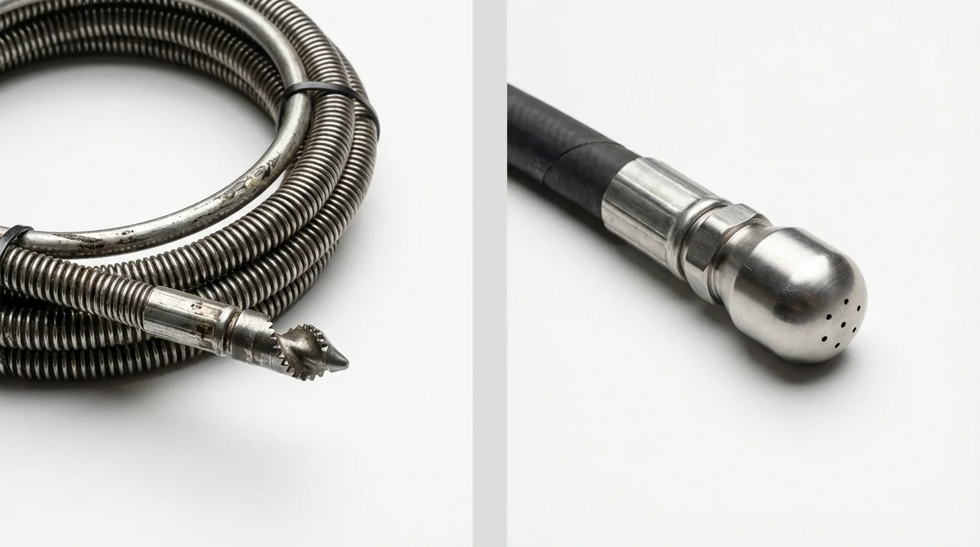 Drain snake cable and hydro jetting nozzle used for drain cleaning in New Egypt, NJ