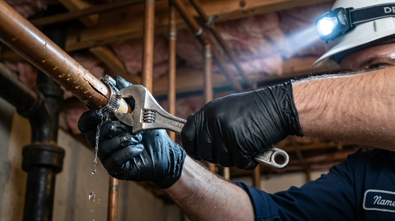 Emergency pipe clamp repair being performed by a Johns Plumbing LLC plumber in New Egypt