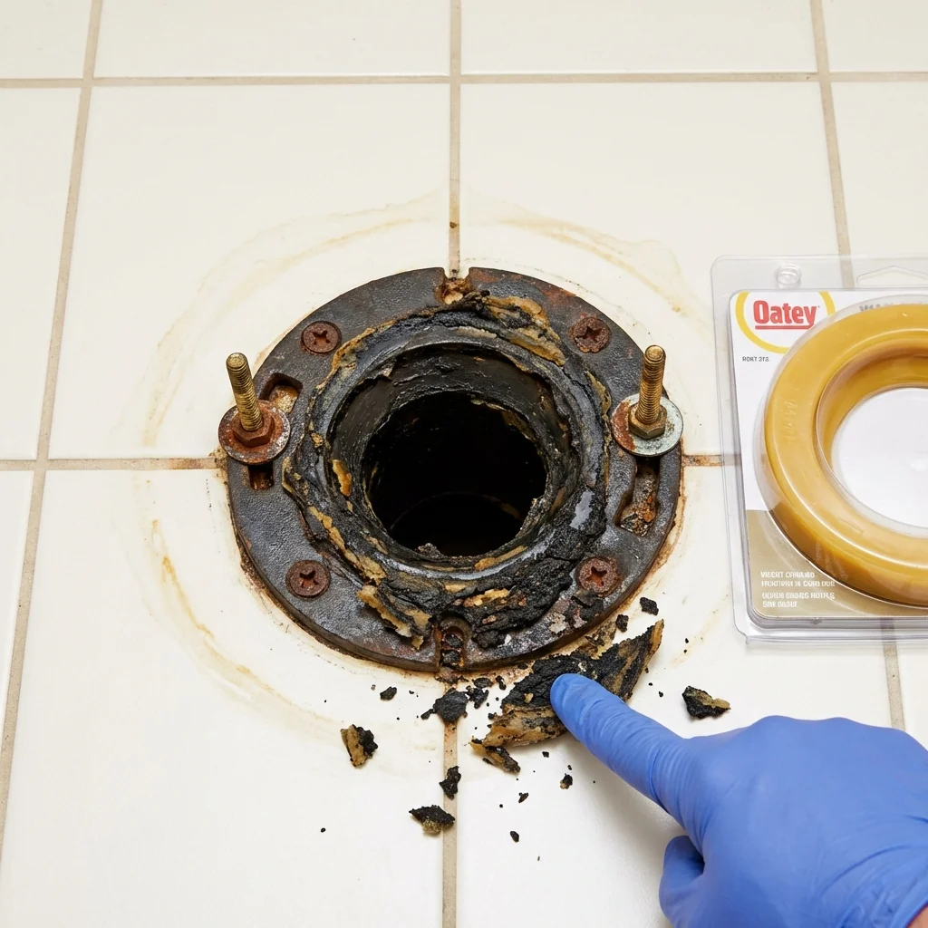 Failed wax ring showing water seepage at the base of a toilet in a New Egypt, NJ home