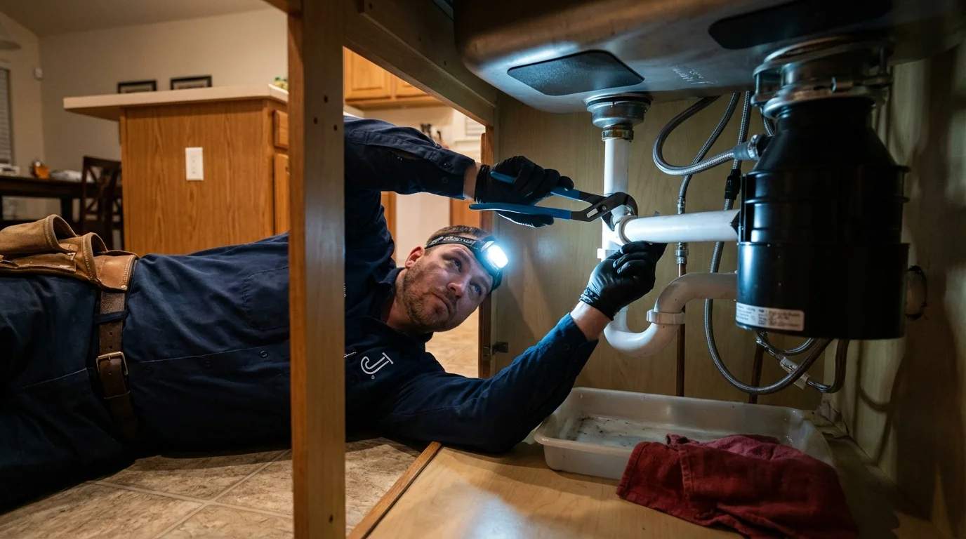 P-trap and supply line connections under a kitchen sink showing a common leak point in New Egypt, NJ